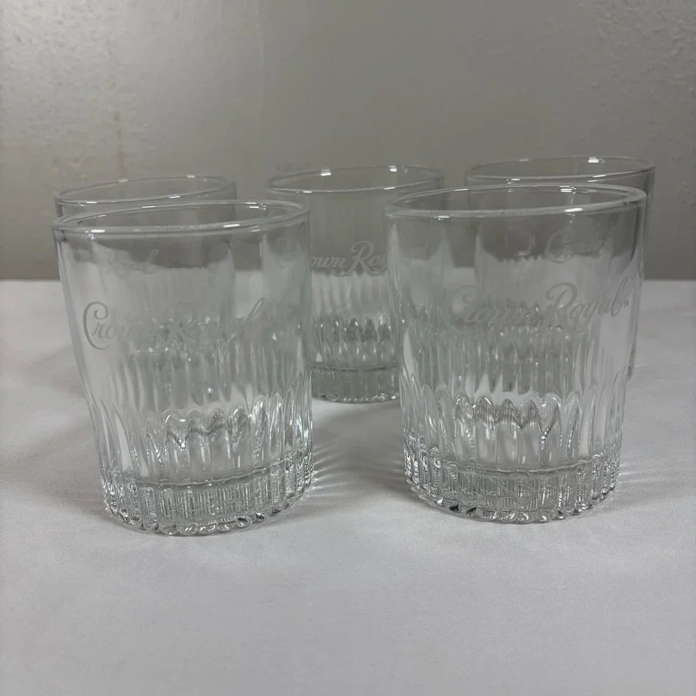 Vintage Crown Royal Whiskey Glasses Set of 5 Fluted‎ Base Lowball Rocks Tumblers